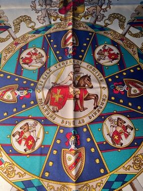 Taittinger Signed Italian Silk Scarf 34”x34” Knight on Horse